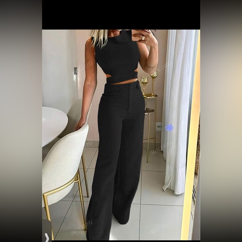 Two Piece Elegant Black Wide Leg & Crop Top with Side Cut Outs
